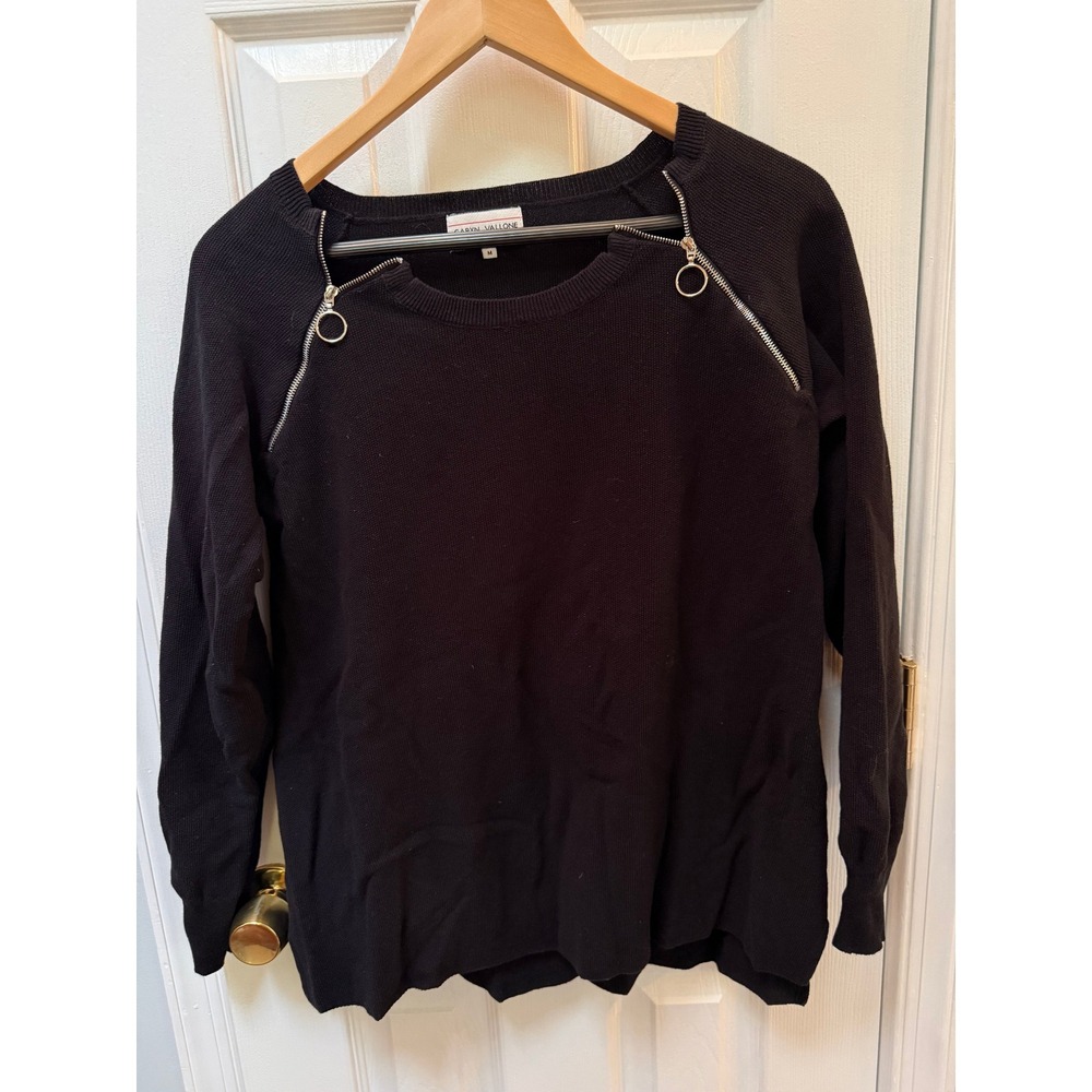Caryn Vallone Black Cotton Knit Sweater Double Shoulder Zipper Ring Pull Medium
